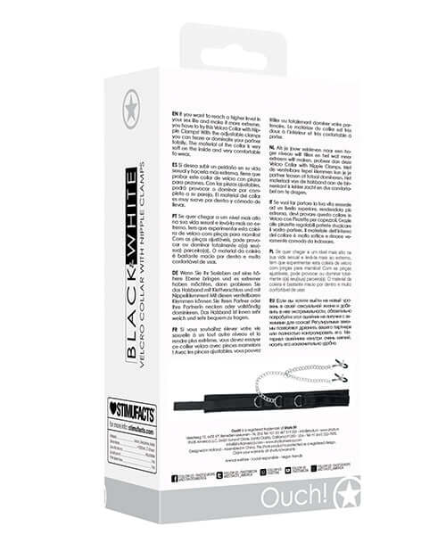 Shots Ouch Black & White Velcro Collar with Nipple Clamps packaging with detailed product information.