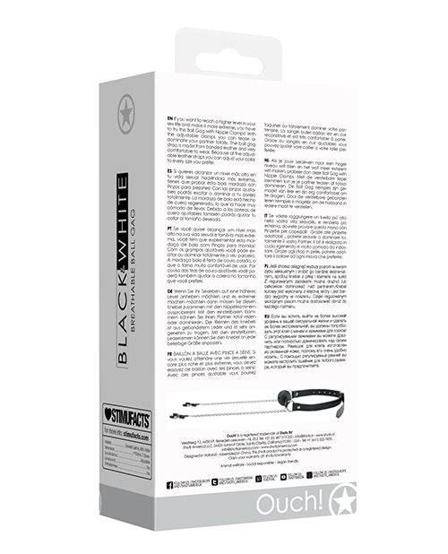 Ouch Breathable Ball Gag with Nipple Clamps Black product packaging back view featuring information and instructions.