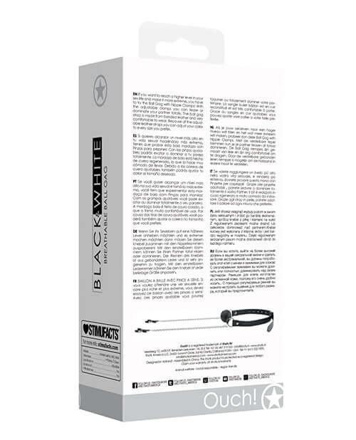 Ouch Breathable Ball Gag with Nipple Clamps Black product packaging back view featuring information and instructions.