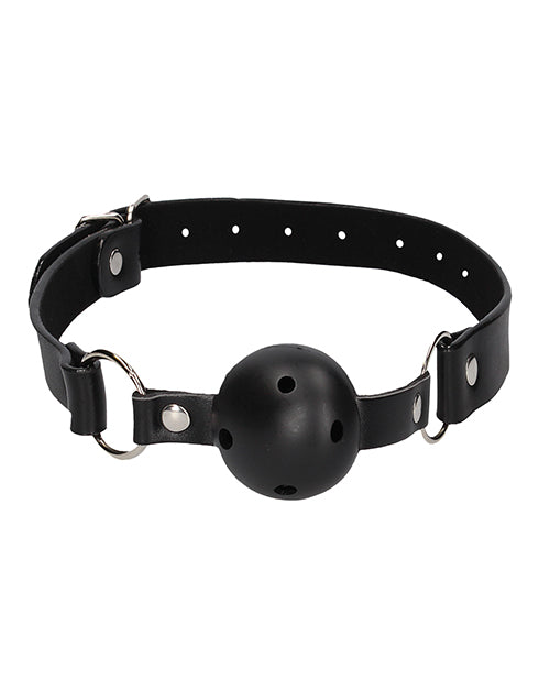 Ouch Breathable Ball Gag with Nipple Clamps Black features a black leather strap and a breathable ball gag design.