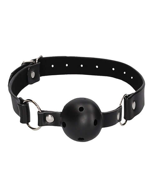 Ouch Breathable Ball Gag with Nipple Clamps Black features a black leather strap and a breathable ball gag design.