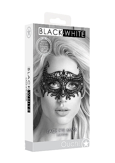 Ouch Black Lace Eye Mask Empress One Size in black and white packaging with a model wearing the mask.