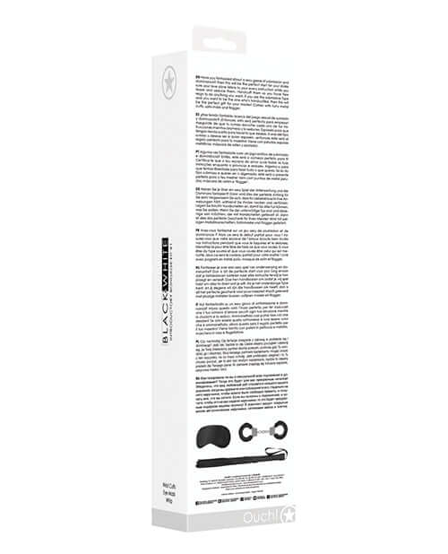 Ouch Black & White Introductory Bondage Kit Black packaging displaying detailed product information and accessories.