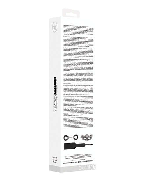 Ouch Black & White Introductory Bondage Kit 3 Black packaging side view with detailed product information.