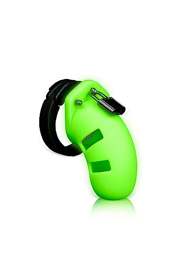 Ouch Model 20 Cock Cage 3.5 Inch Glow in the Dark Green with a secure design and vibrant fluorescent detailing.