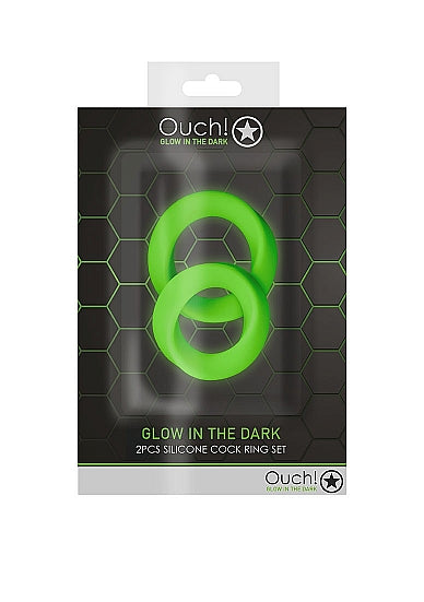Glow 2pcs Cock Ring Set Glow In The Dark featuring two silicone rings in fluorescent green.