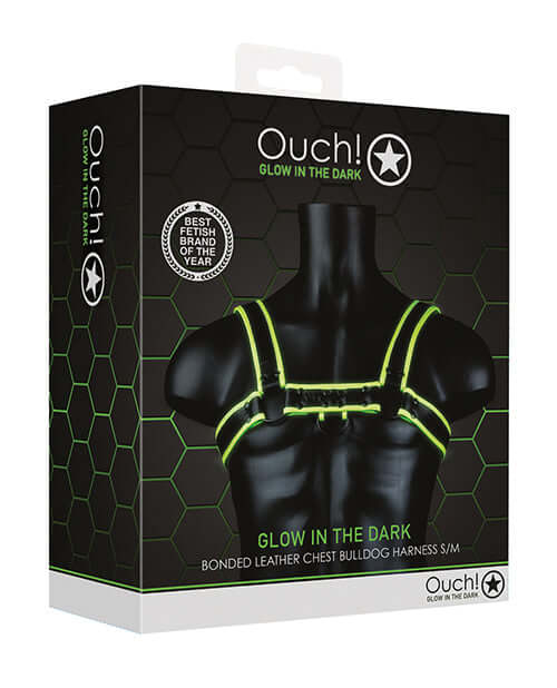 Shots Ouch Chest Bulldog Harness Glow in the Dark S M product packaging showcasing glow-in-the-dark design and features.