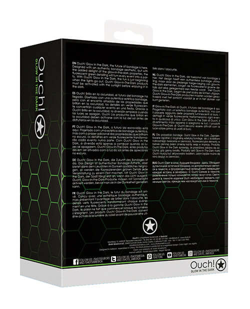 Shots Ouch Chest Bulldog Harness Glow in the Dark S M packaging back view with multilingual product details.
