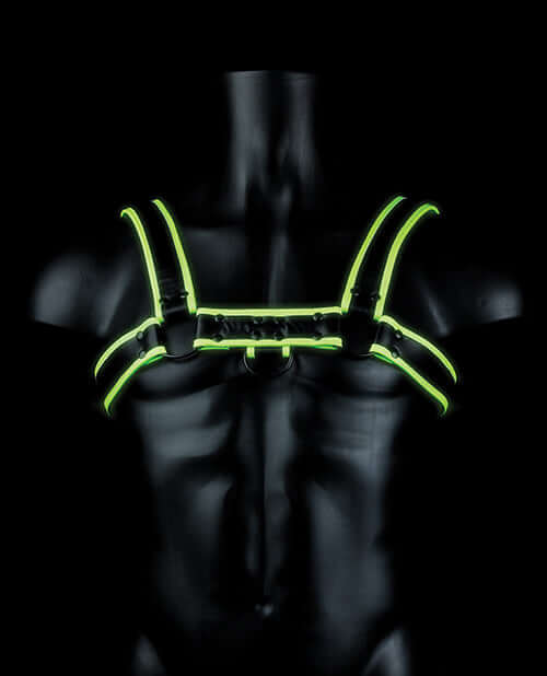 Shots Ouch Chest Bulldog Harness Glow in the Dark S M displayed on a male mannequin with fluorescent green detailing.