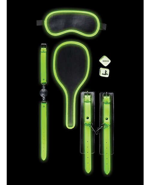 Shots Ouch Bondage Kit #1 Glow in the Dark featuring glowing restraints, blindfold, and paddles for adventurous experiences.