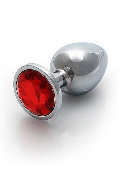 Round Gem Butt Plug Medium Silver Ruby Red showcasing sleek metal design with red jewel base.