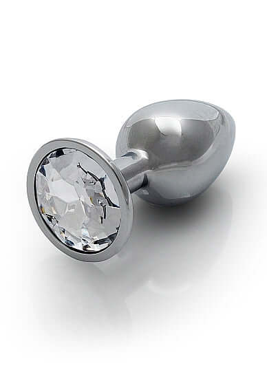 Round Gem Butt Plug Small Silver Diamond with a jewel-encrusted base and smooth metal body.