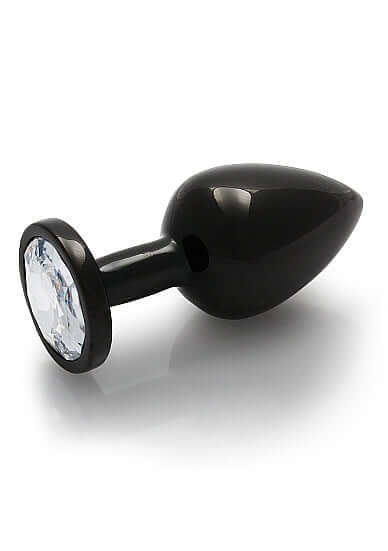 Round Gem Butt Plug Medium Gunmetal Diamond with sparkling acrylic faux diamond base and polished aluminum body.