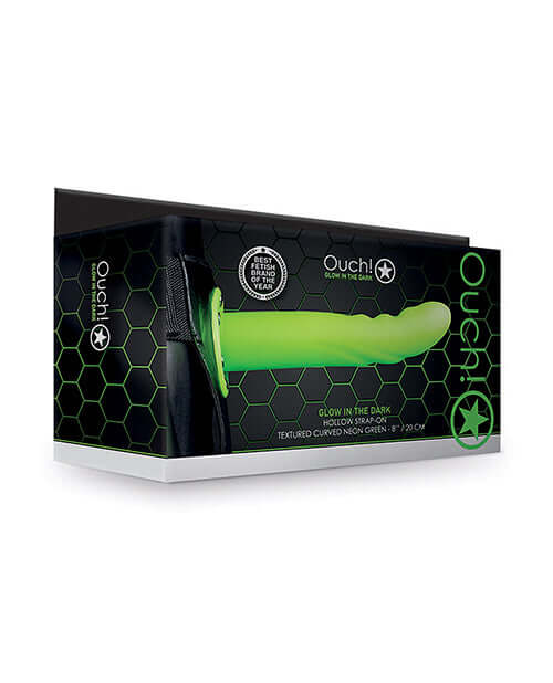 Ouch 8 Inch Textured Curved Hollow Strap On Glow in the Dark packaging featuring a green glow-in-the-dark strap-on.