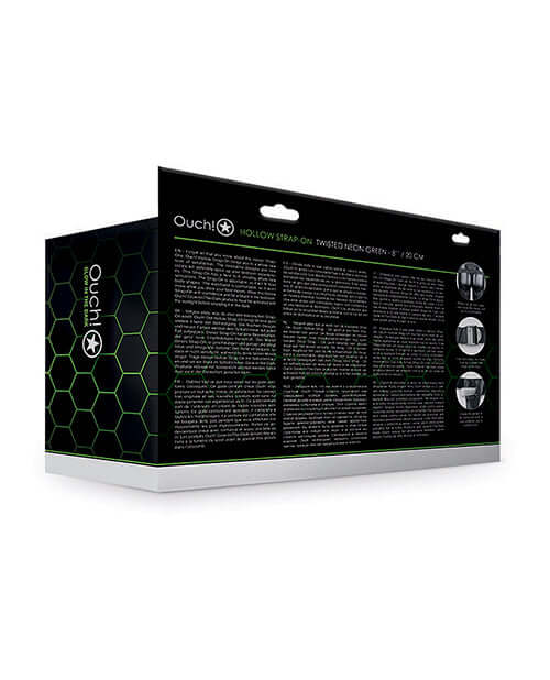 Ouch 8 Inch Textured Curved Hollow Strap On Glow in the Dark packaging with product details and specifications.