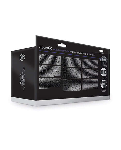 Ouch 8 Inch Curved Hollow Strap On Metallic Blue packaging showcasing product details and instructions.