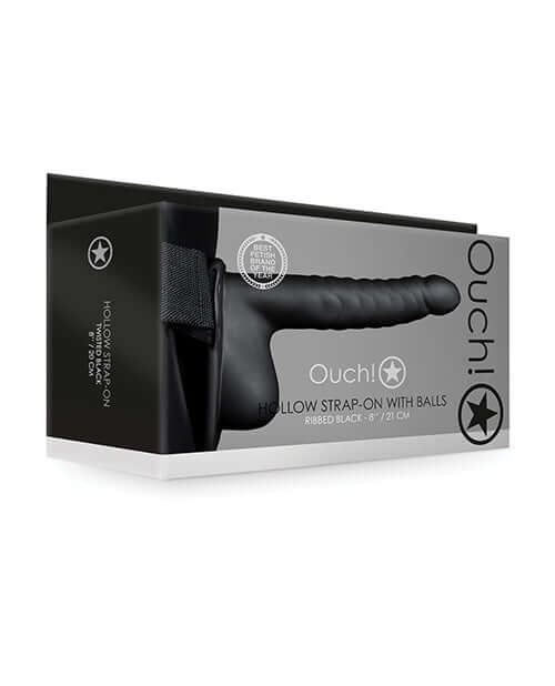 Shots Ouch 8 Inch Ribbed Hollow Strap On with Balls Black packaging showcasing its curved and ribbed design.