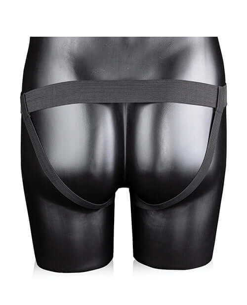 Shots Ouch 8 Inch Ribbed Hollow Strap On with Balls Black displaying rear view on a black mannequin.