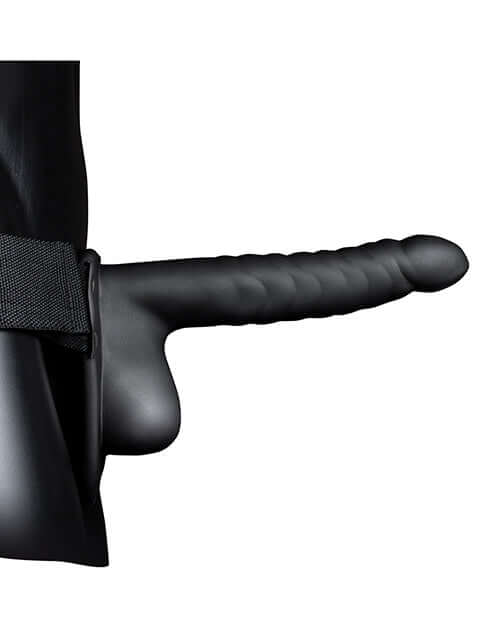 Shots Ouch 8 Inch Ribbed Hollow Strap On with Balls Black showcasing the ribbed design and realistic ball detail.