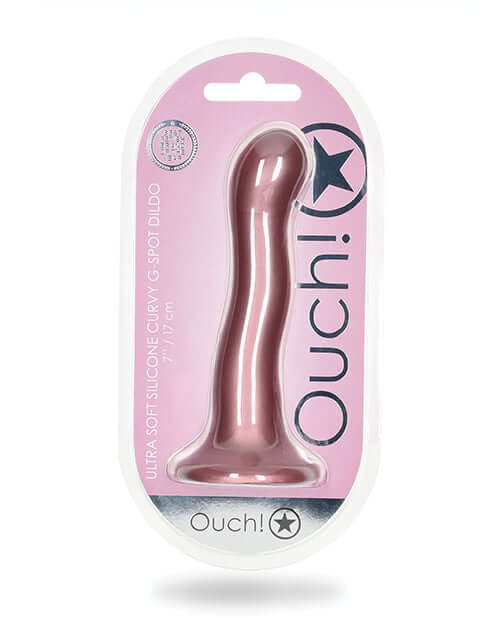 Shots Ouch 7 inch Curvy G-Spot Dildo Rose Gold in packaging, featuring ultra-soft liquid silicone and a curved design.