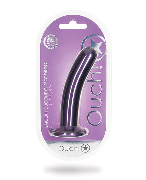 Shots Ouch 6 inch Smooth G-Spot Dildo Metallic Purple in packaging showcasing its sleek design and curved shape.