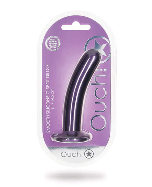 Shots Ouch 6 inch Smooth G-Spot Dildo Metallic Purple in packaging showcasing its sleek design and curved shape.