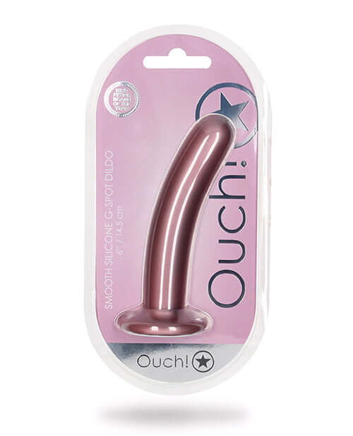 Shots Ouch 6 inch Smooth G-Spot Dildo Rose Gold packaging showcasing sleek silicone design