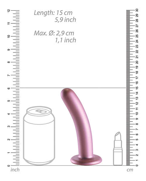 Shots Ouch 6 inch Smooth G-Spot Dildo Rose Gold with size reference next to a can and lipstick.