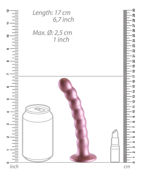 Shots Ouch 6.5 inch Beaded G-Spot Dildo Rose Gold with size comparison against a can and lipstick.