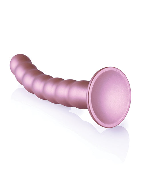 Shots Ouch 8 inch Beaded G-Spot Dildo Rose Gold featuring a curved design and beaded texture for pleasure.
