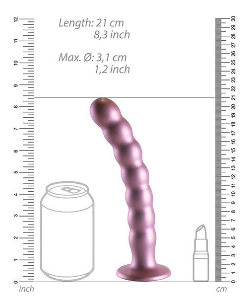 Shots Ouch 8 inch Beaded G-Spot Dildo Rose Gold dimensions with scale, showing length and diameter next to a can and lipstick.