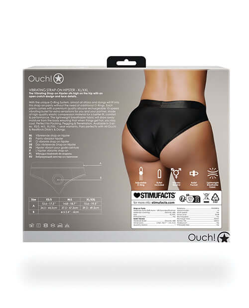 Shots Ouch Vibrating Strap On Hipster Black XL XXL product packaging detailing design and features.