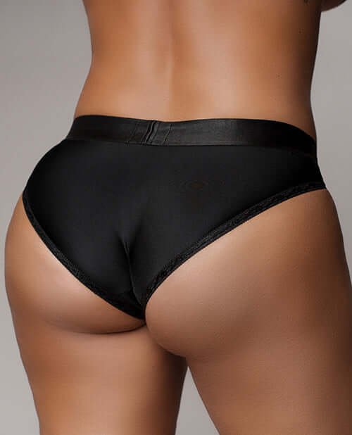 Shots Ouch Vibrating Strap On Hipster Black XL XXL showing the back view of the elegant open-crotch design.