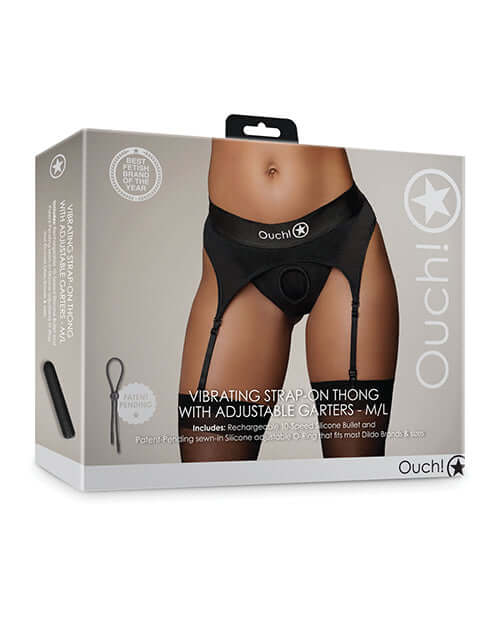 Ouch Vibrating Strap-On Thong Adjustable Garters Black M L packaging photograph showcasing product details and features.