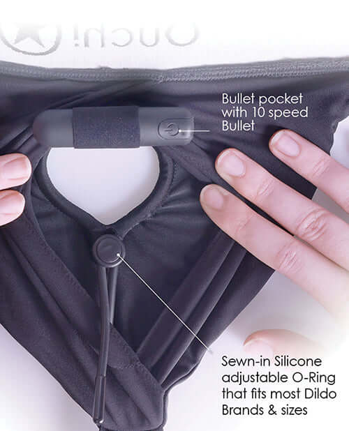 Ouch Vibrating Strap-On Thong with Garters Black XL XXL showing bullet pocket with 10 speed bullet and adjustable O-Ring.