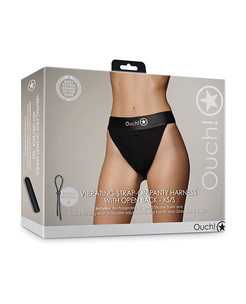 Ouch Vibrating Strap-On Panty Harness Black XS S packaging displaying sleek design and features.
