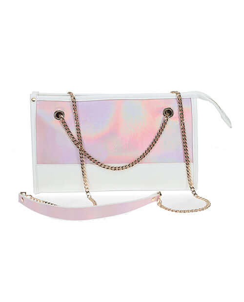 Ouch Paris Collection Bondage Kit with Bag Pink featuring an elegant iridescent handbag with gold chain accents.