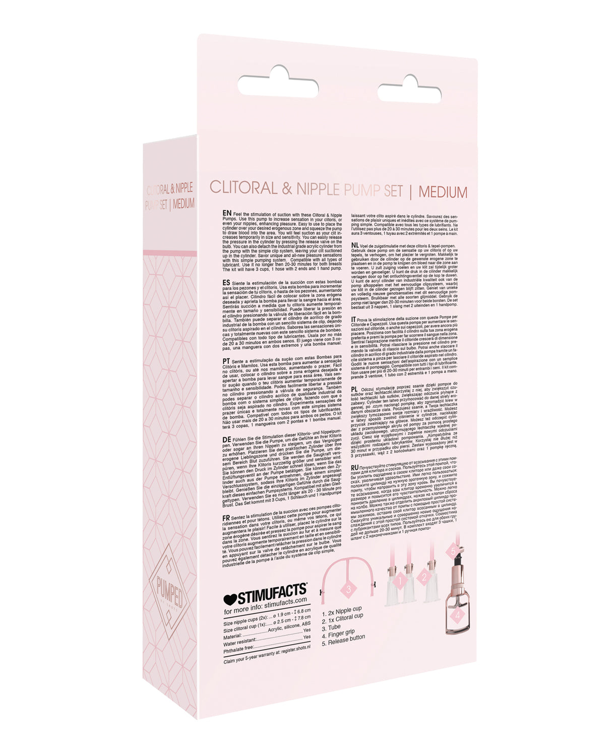 Shots Pumped Clitoral & Nipple Pump Set Medium Rose Gold packaging with instructions and product details.