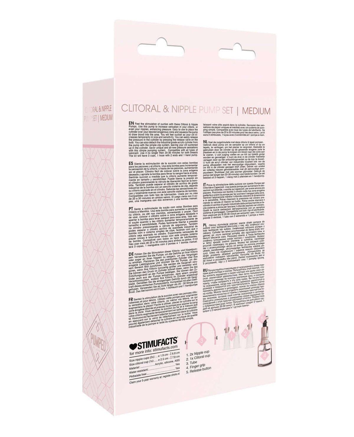 Shots Pumped Clitoral & Nipple Pump Set Medium Rose Gold packaging with instructions and product details.