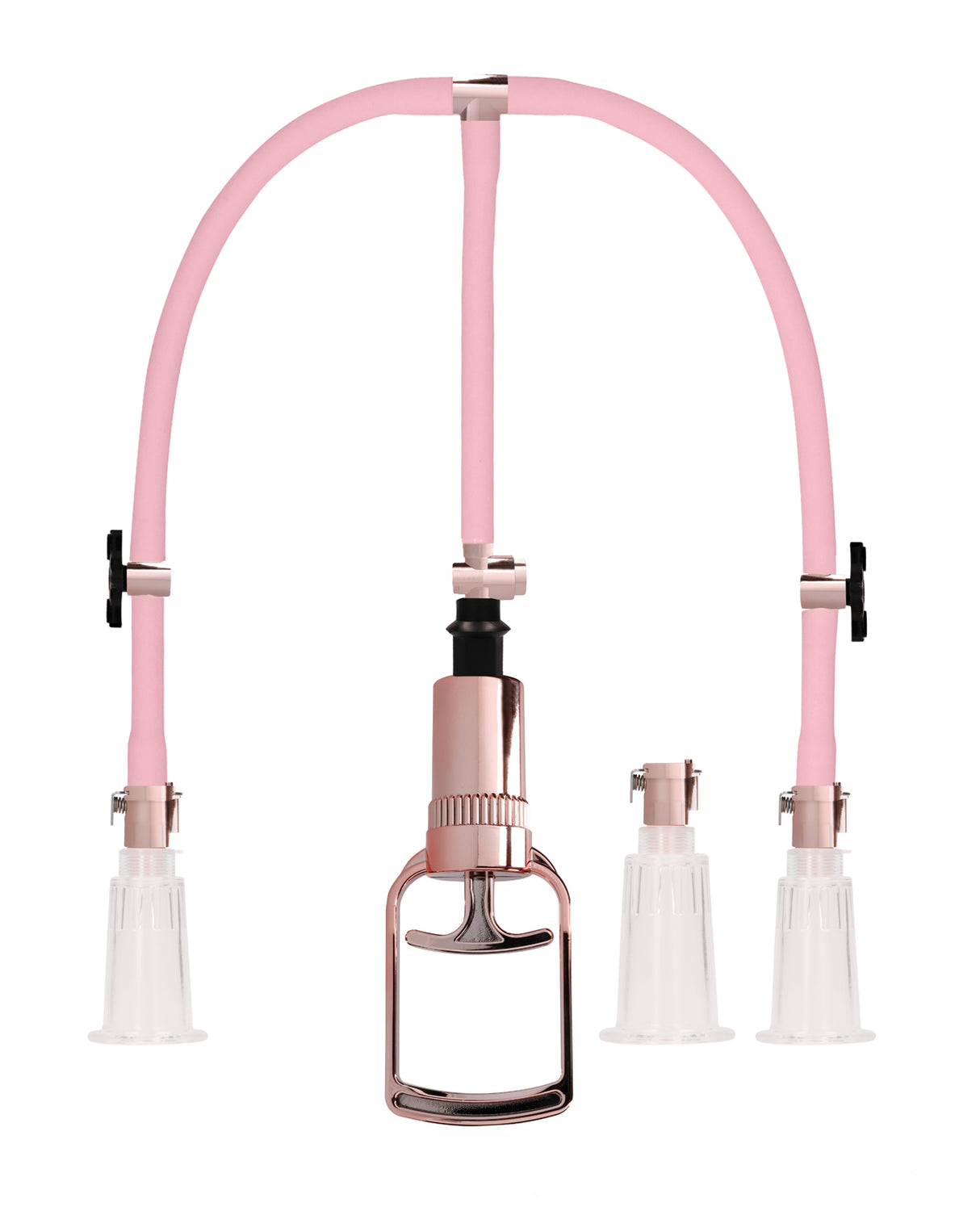 Shots Pumped Clitoral & Nipple Pump Set Medium Rose Gold showcasing pink tubing and clear cylinders.