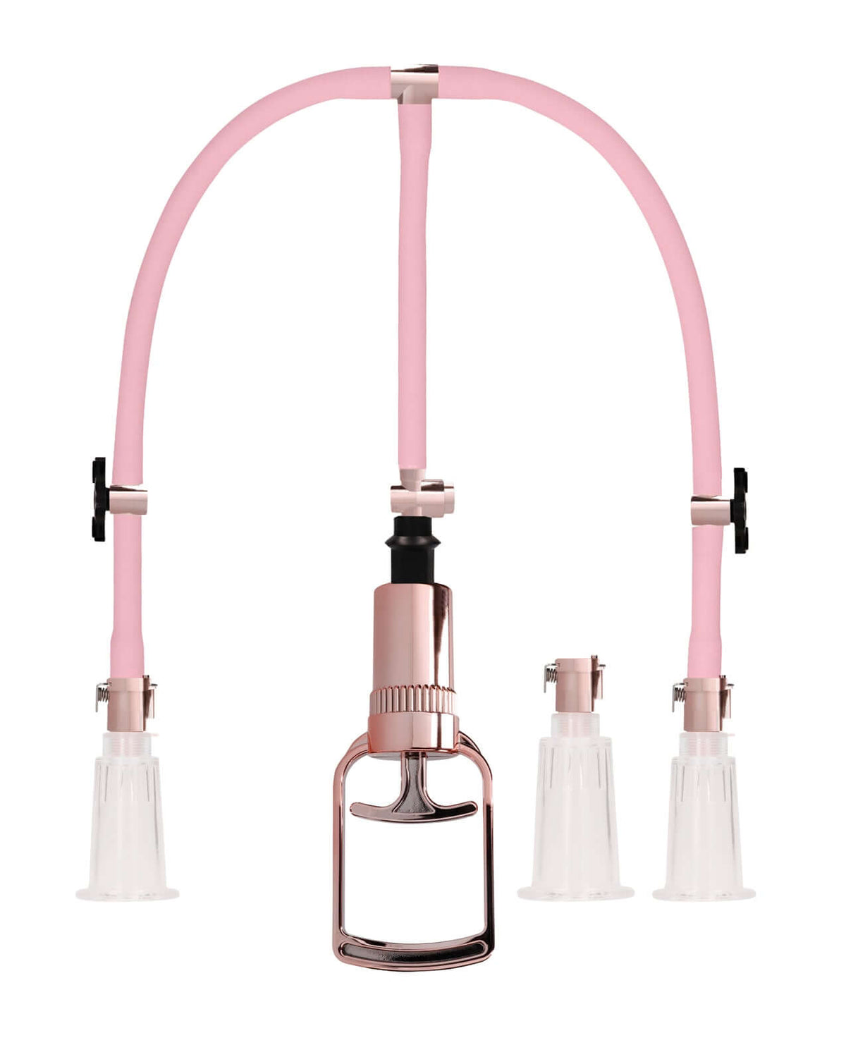 Shots Pumped Clitoral & Nipple Pump Set Medium Rose Gold showcasing pink tubing and clear cylinders.