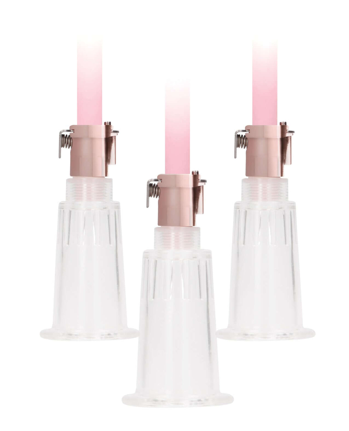Shots Pumped Clitoral & Nipple Pump Set Medium Rose Gold, featuring three clear suction cylinders.