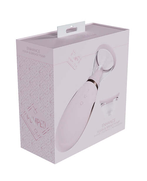 Shots Pumped Enhance Vulva and Breast Pump Pink packaging featuring a sleek design and accessories.
