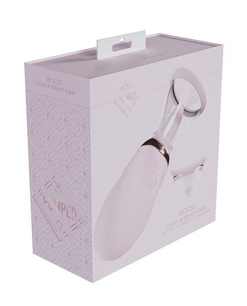 Shots Pumped Boost Rechargeable Vulva & Breast Pump Pink packaging and product design