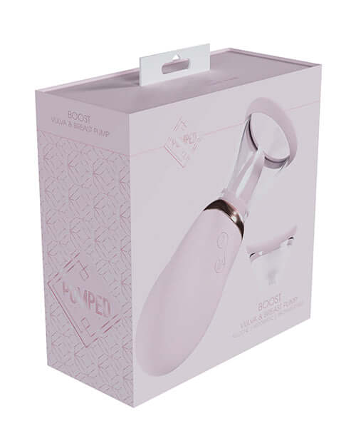 Shots Pumped Boost Rechargeable Vulva & Breast Pump Pink packaging and product design