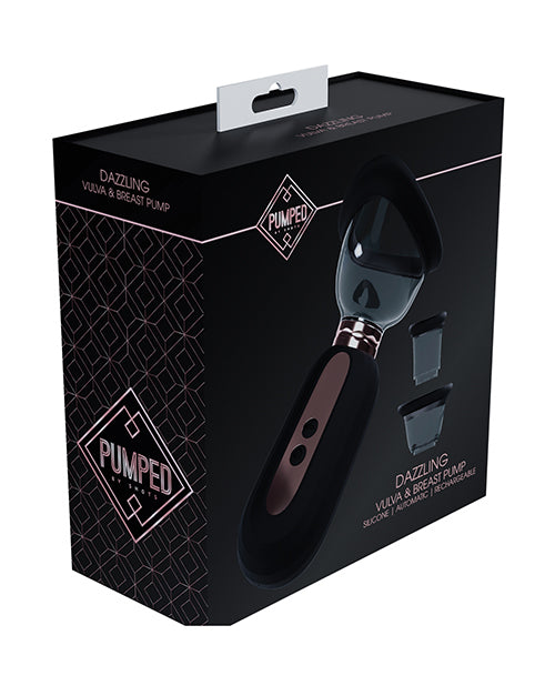 Shots Pumped Dazzling Clitoral Nipple & Breast Pump Black packaging showing the product and its features.