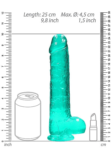 Realrock 9 Inch Realistic Dildo With Balls Turquoise next to a can and spray for size comparison.