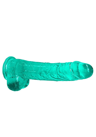 Realrock 9 Inch Realistic Dildo With Balls Turquoise featuring a defined head and textured shaft in a vibrant turquoise color.