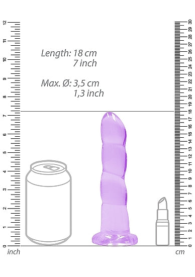 Realrock Non Realistic Dildo With Suction Cup 7 Inch Purple measurements alongside scale for comparison.