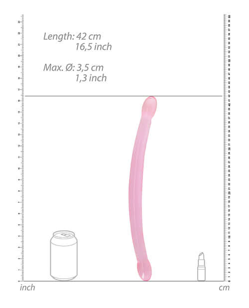 Shots RealRock Crystal Clear 17 Inch Double Dildo Pink dimensions with measurement details and comparison to common objects.